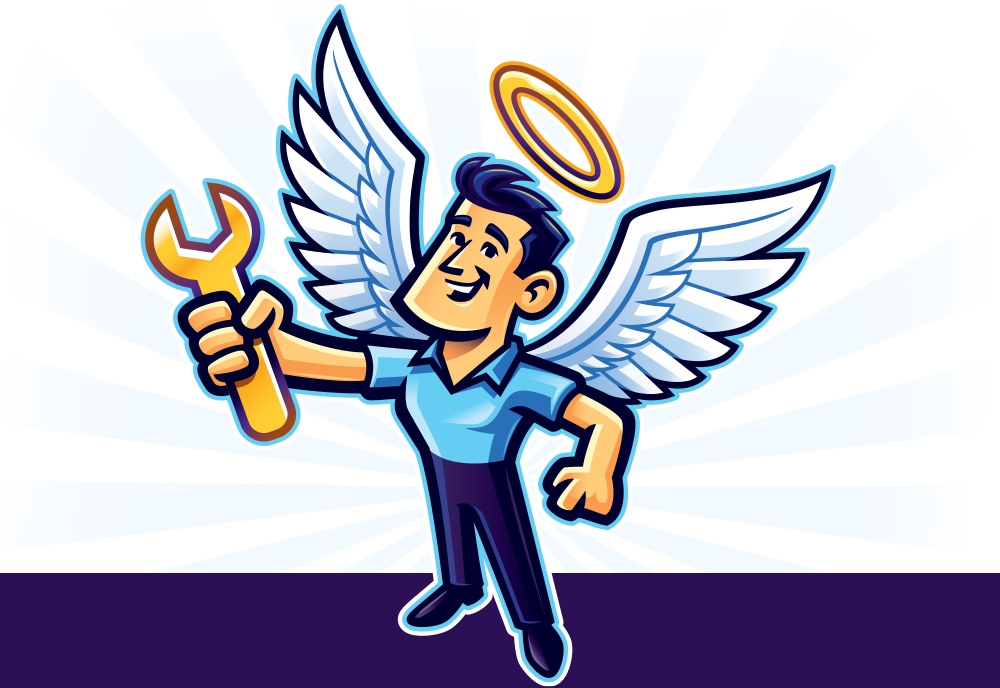Cartoon angel mechanic with wings and halo holding a wrench, symbolizing skilled and heavenly service.