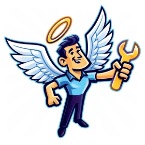 Cartoon angel mechanic with wings holding a wrench, symbolizing helpful and skilled service.