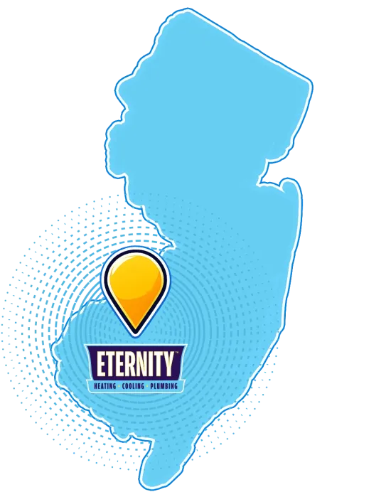 Map of New Jersey with Eternity Heating, Cooling, Plumbing logo, indicating service area coverage.