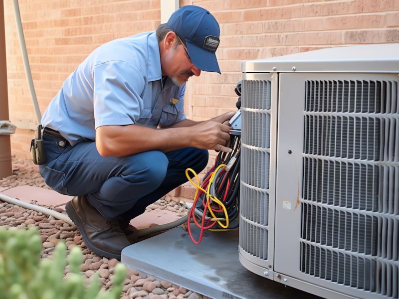 Technician repairing outdoor air conditioning unit on a sunny day, ensuring optimal performance and efficiency.