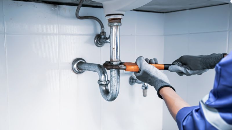 Plumber fixing under-sink pipe with wrench, wearing gloves.