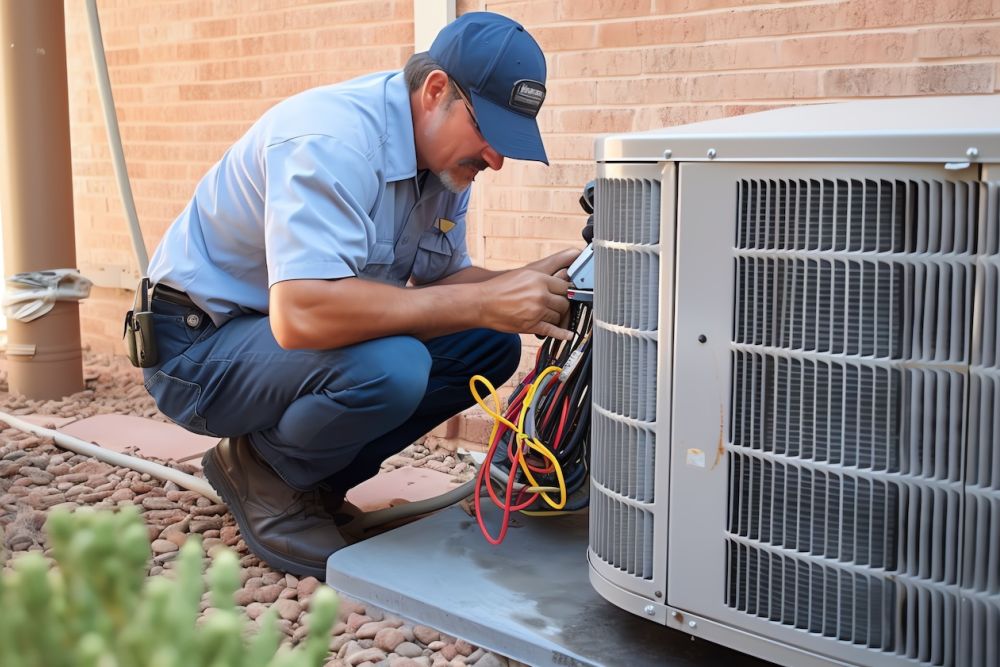Technician repairing outdoor air conditioning unit on a sunny day, ensuring optimal performance and efficiency.