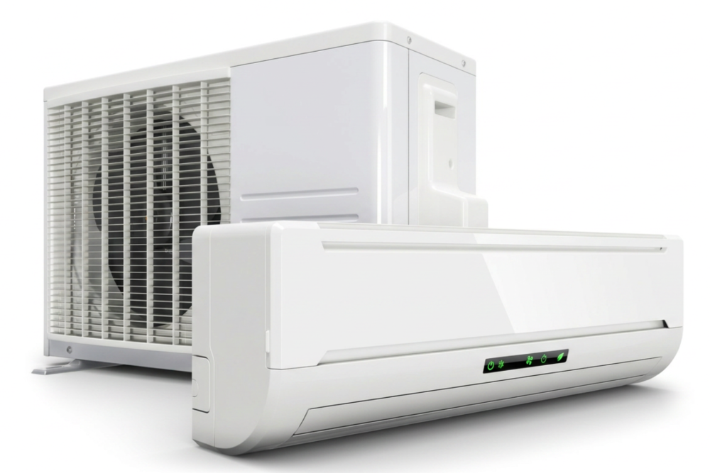 White split air conditioning unit with indoor and outdoor components on a plain background.