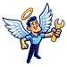 Cartoon angel mechanic with wings holding a wrench, symbolizing helpful and skilled service.