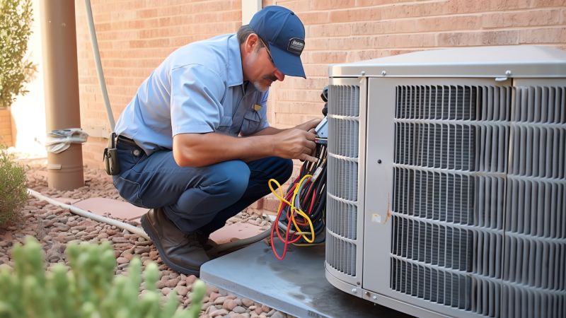 Technician repairing outdoor air conditioning unit on a sunny day, ensuring optimal performance and efficiency.