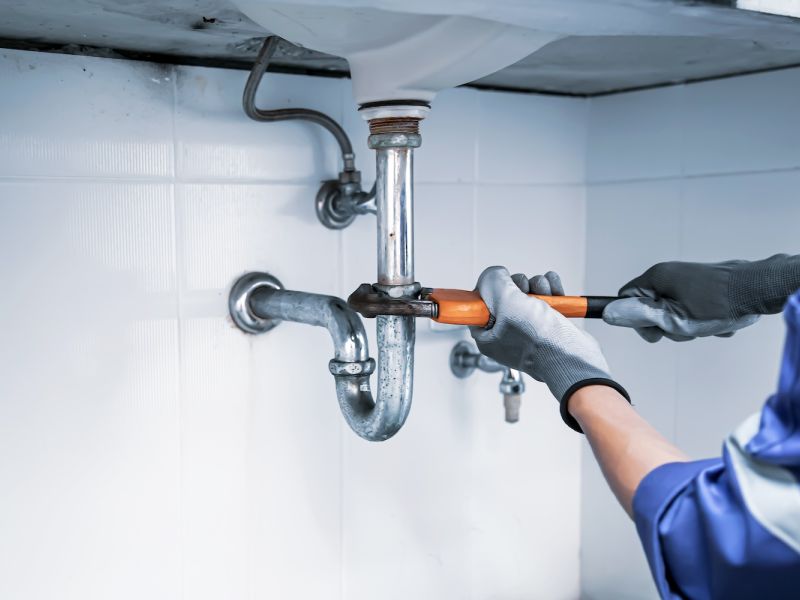 Plumber fixing under-sink pipe with wrench, wearing gloves.