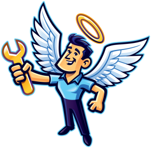 Cartoon winged handyman with halo holding a wrench, symbolizing angelic support and maintenance services.