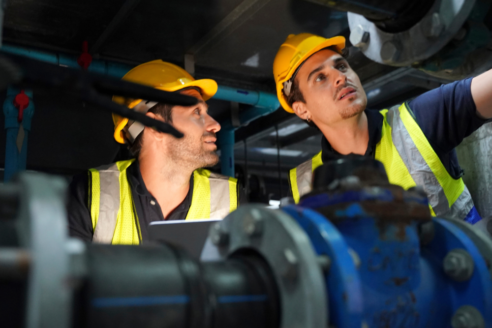 Two engineers in hard hats and vests inspect industrial pipes in a facility, ensuring safety and maintenance.